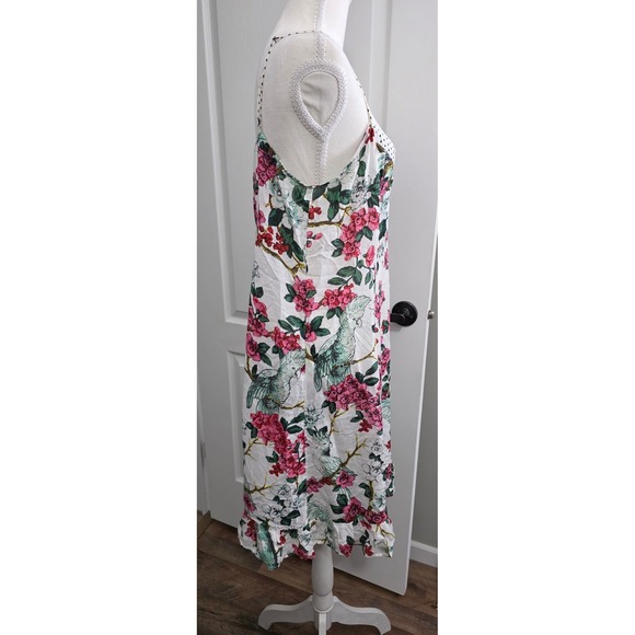 Anthropologie Women Sz L Floral Bird Print Slip Dress White Pink Green Whimsy - Picture 3 of 10
